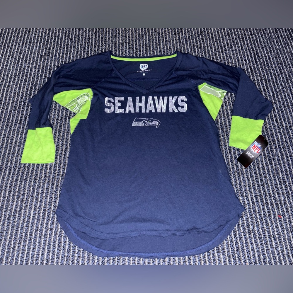 NWT Seattle Seahawks Womens Medium V-Neck T-Shirt NFL Football Logo Blue